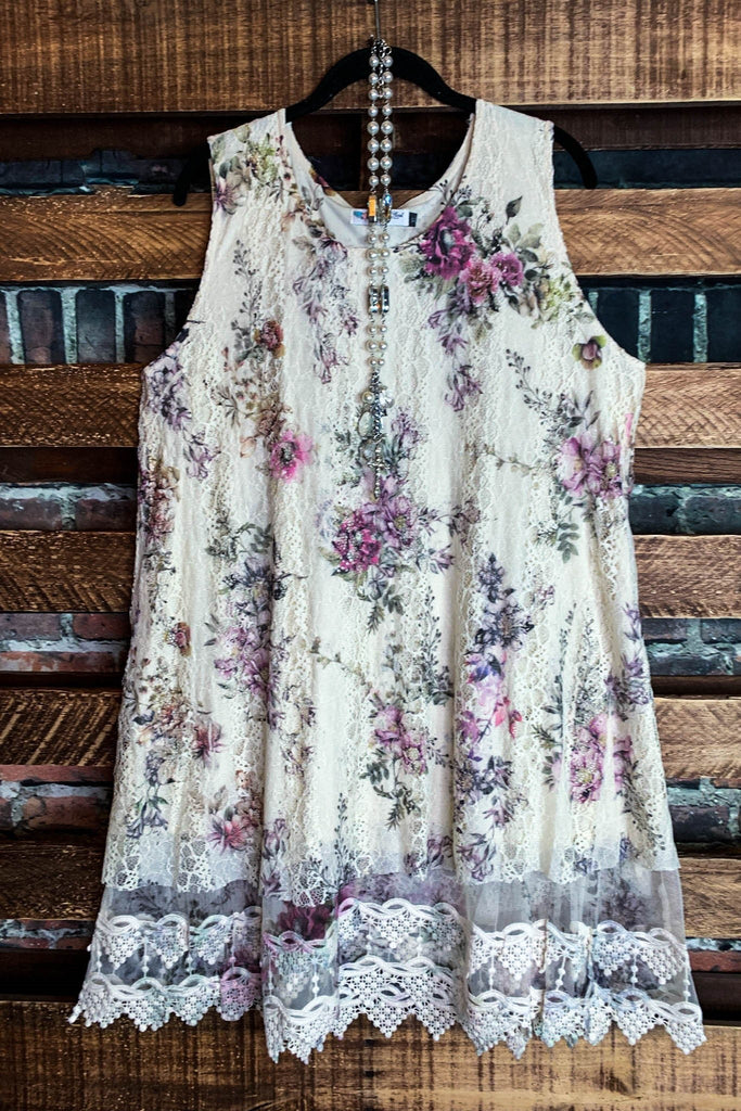 A LITTLE ENCHANTMENT ROSES LAYERED SLIP DRESS TUNIC IN BEIGE & FLORAL
