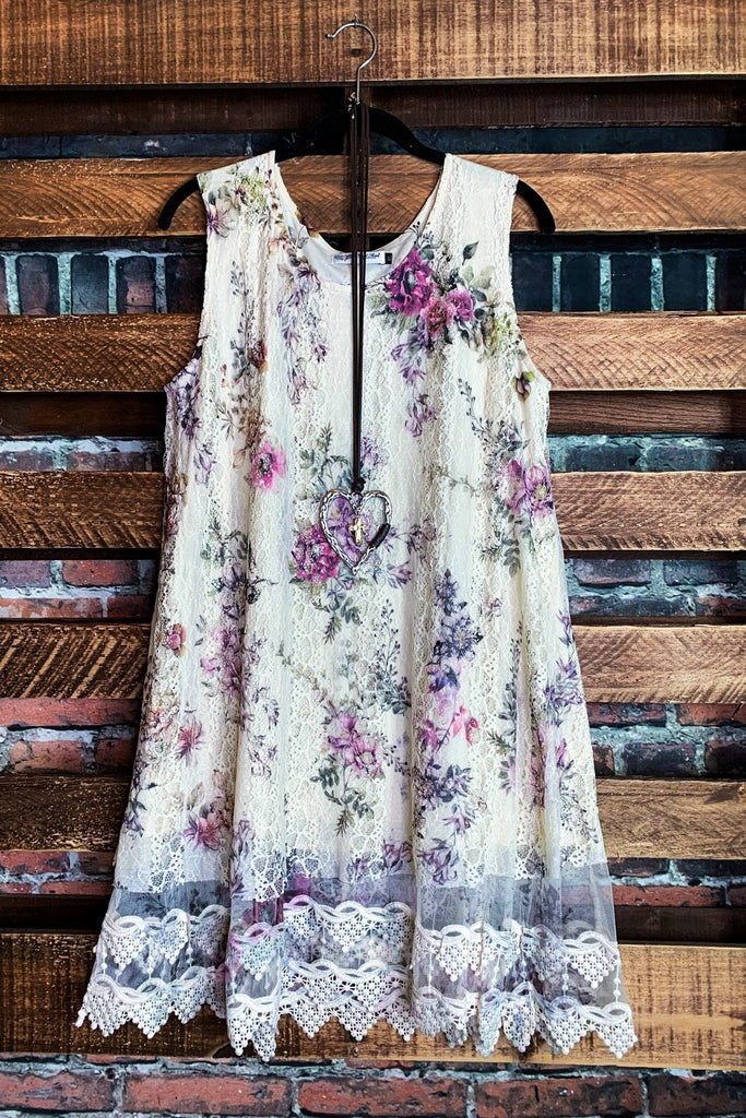 A LITTLE ENCHANTMENT ROSES LAYERED SLIP DRESS TUNIC IN BEIGE & FLORAL