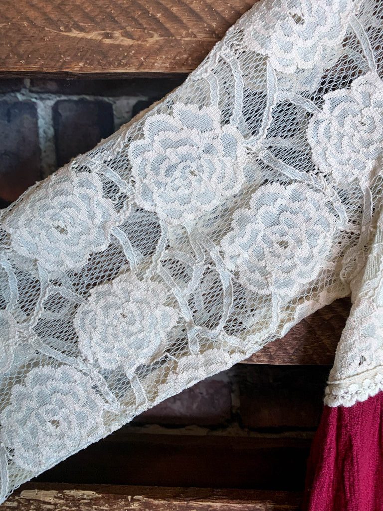 You and Me Could Write a Good Romance Lace Dress in Beige & Crimson-----------SALE