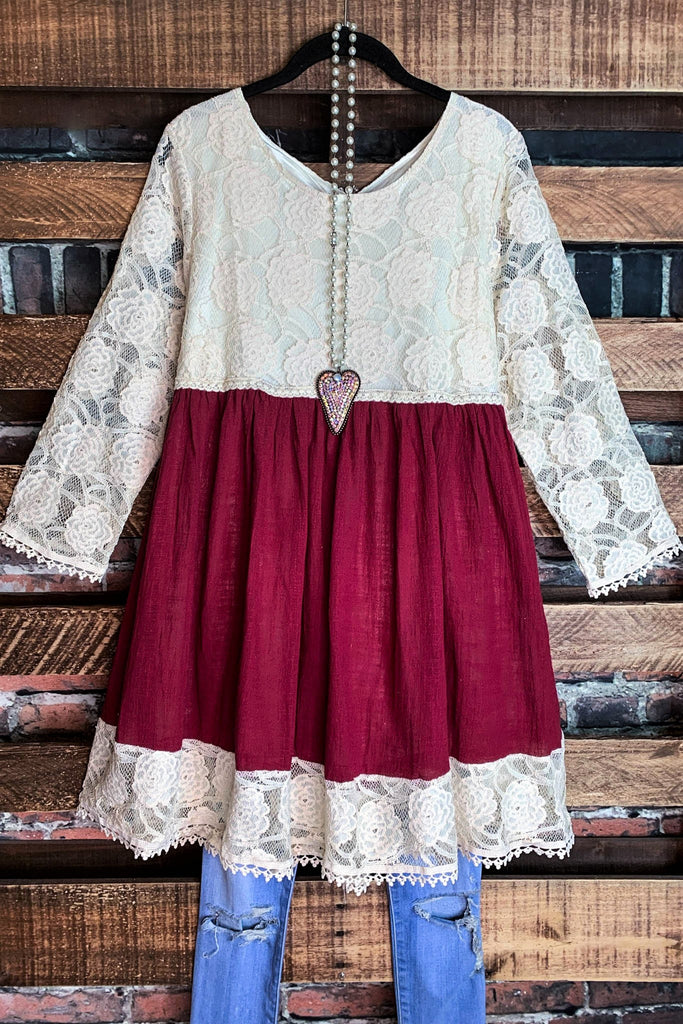 You and Me Could Write a Good Romance Lace Dress in Beige & Crimson-----------SALE