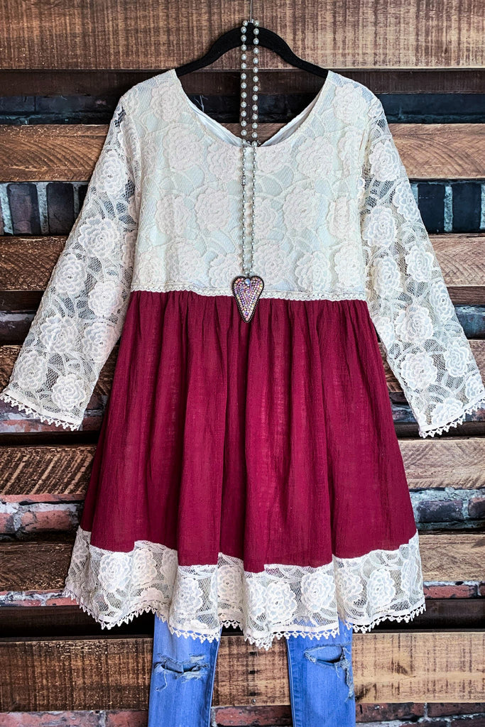 You and Me Could Write a Good Romance Lace Dress in Beige & Crimson-----------SALE