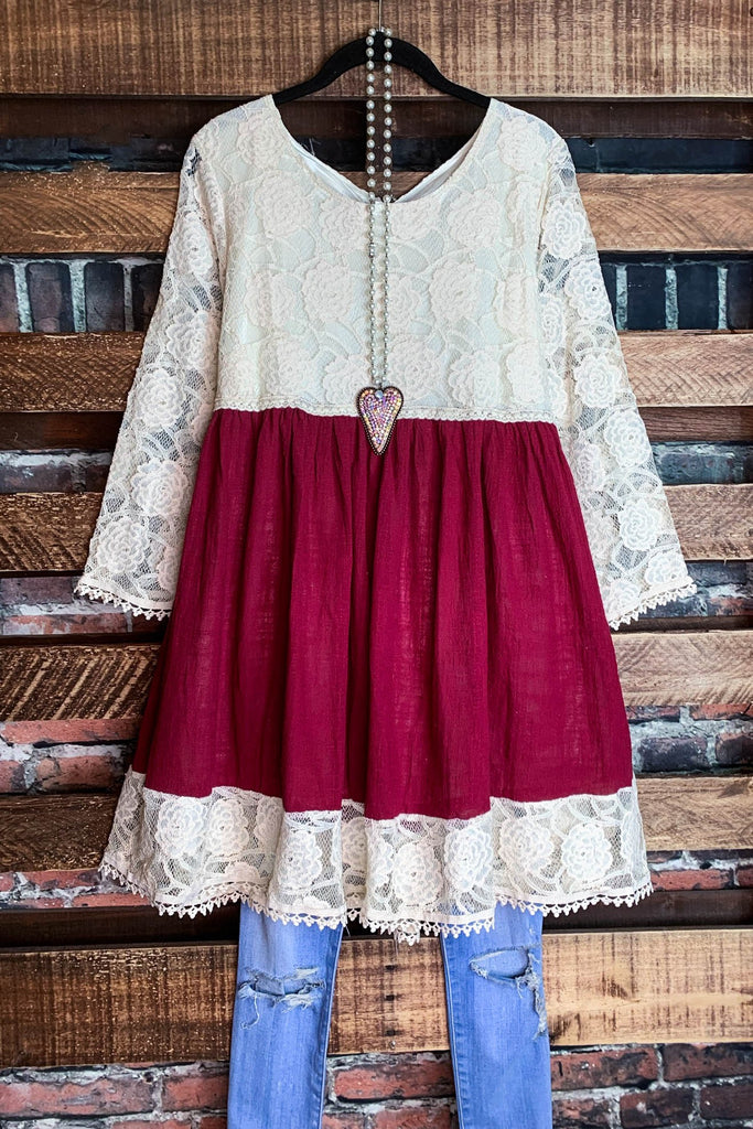 You and Me Could Write a Good Romance Lace Dress in Beige & Crimson-----------SALE