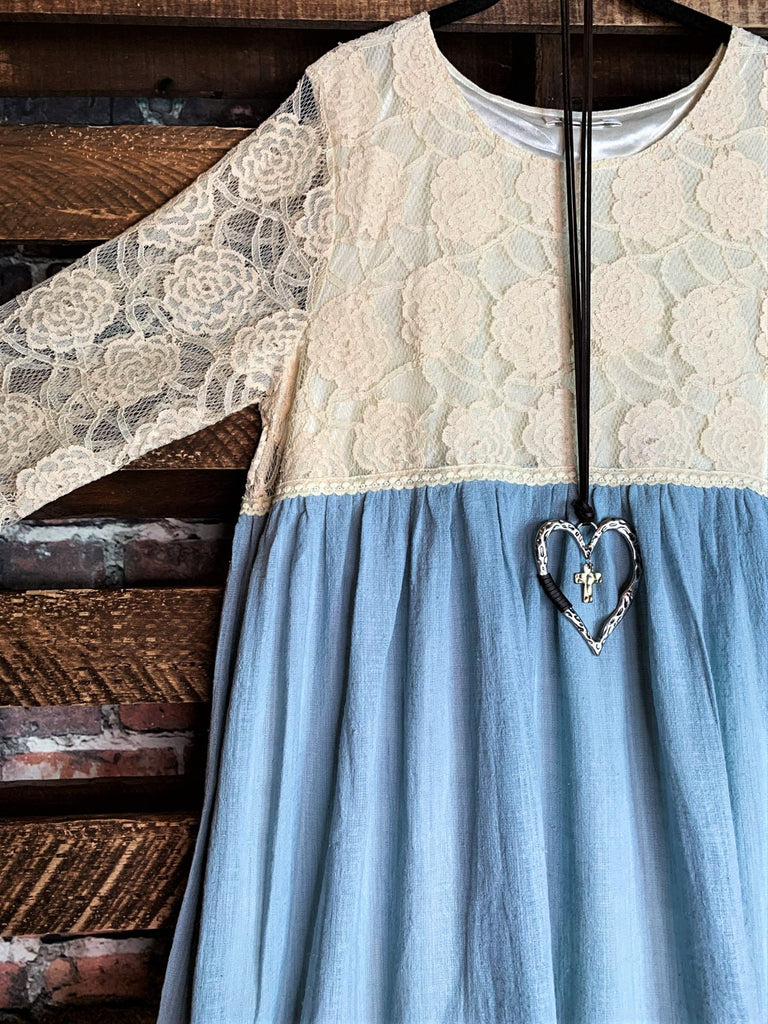 You and Me Could Write a Good Romance Lace Dress in Beige & Light Blue--------SALE