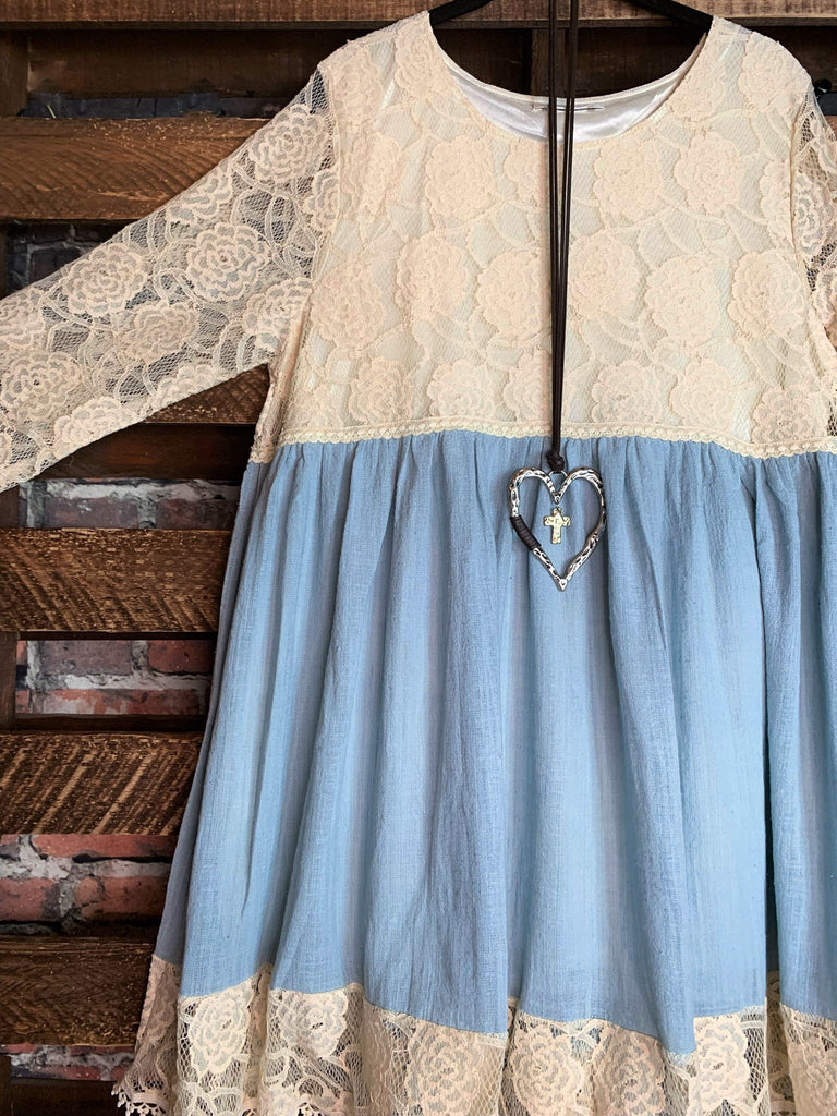 You and Me Could Write a Good Romance Lace Dress in Beige & Light Blue--------SALE