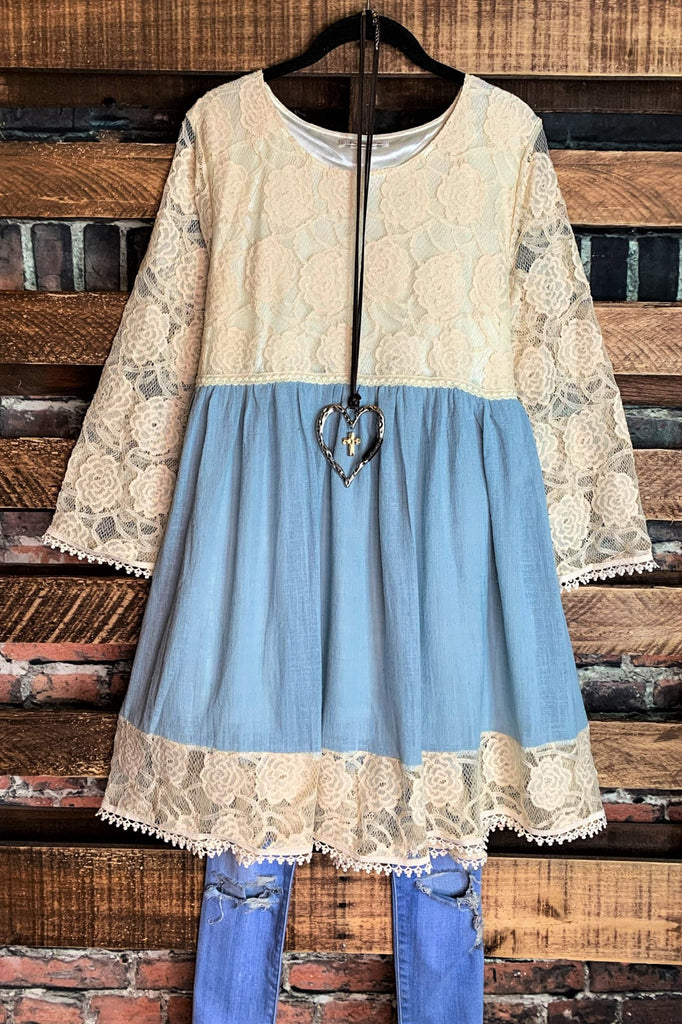 You and Me Could Write a Good Romance Lace Dress in Beige & Light Blue--------SALE