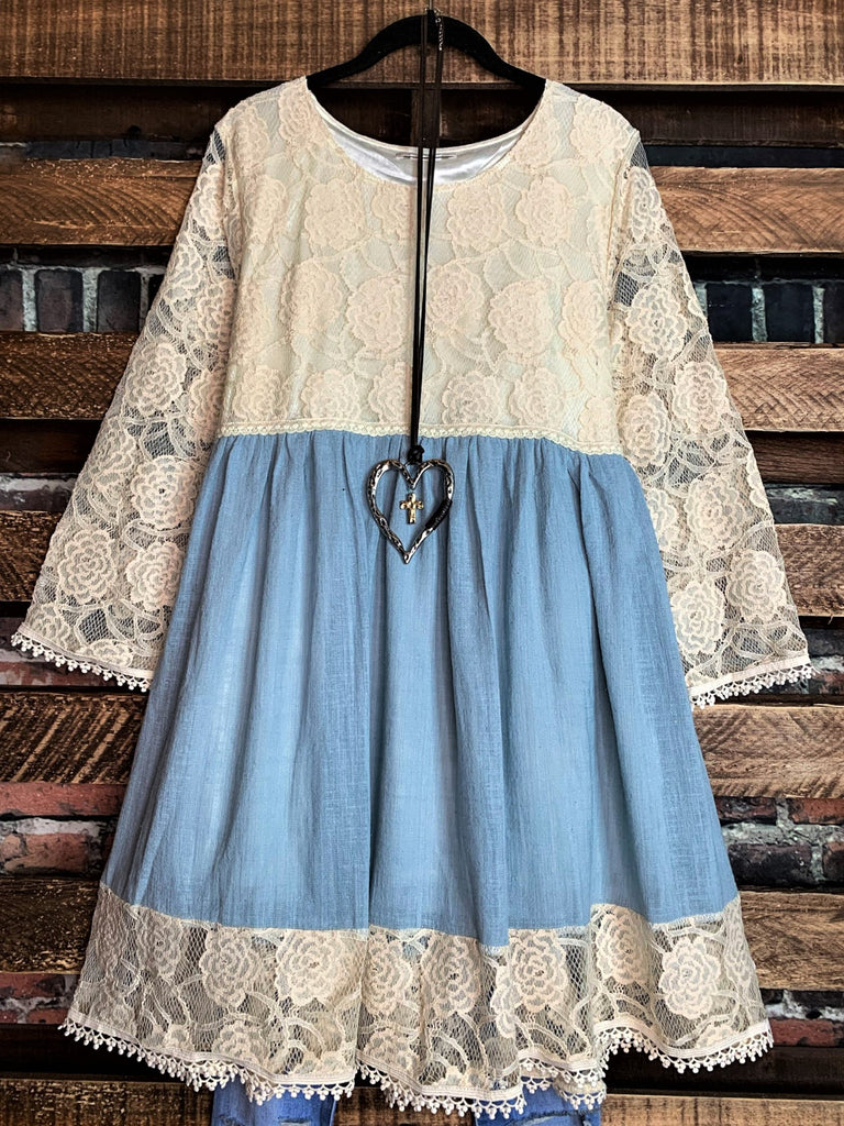 You and Me Could Write a Good Romance Lace Dress in Beige & Light Blue--------SALE