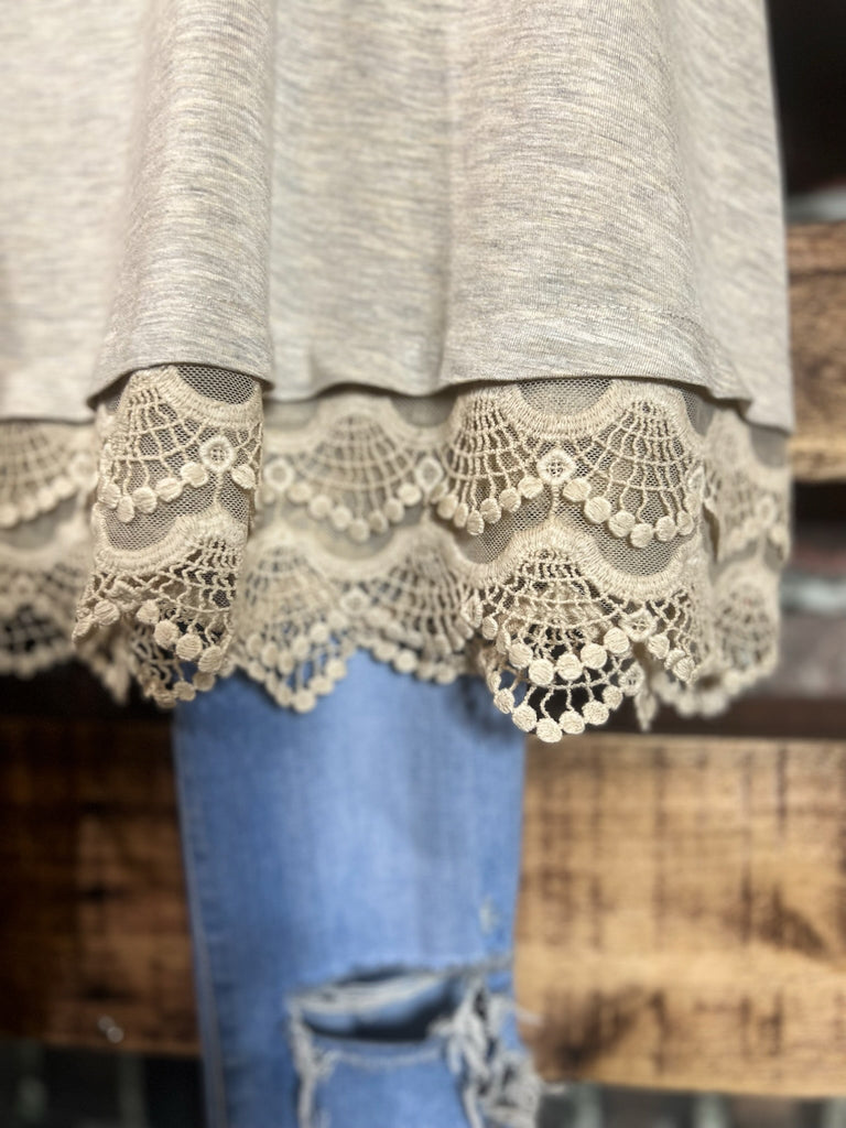 LET'S GO TO TOWN LOVELY LACE OATMEAL T-SHIRT TOP