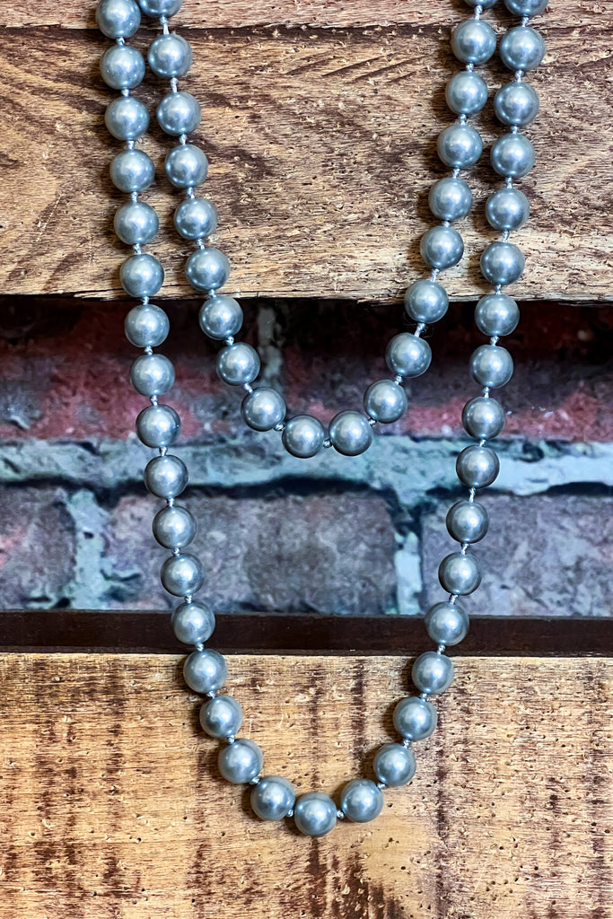 LONG PEARL BEAD NECKLACE SET IN GRAY SILVER