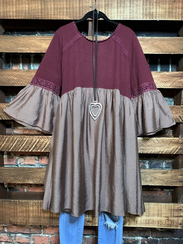 10-12 SIZE - EMPIRE WAIST BABYDOLL DRESS IN BURGUNDY & TAUPE MIX------sale