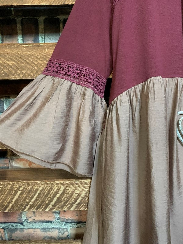 10-12 SIZE - EMPIRE WAIST BABYDOLL DRESS IN BURGUNDY & TAUPE MIX------sale