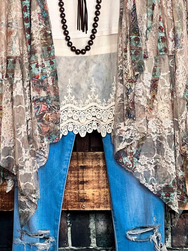 Like a Love Song Vintage-Inspired Lace Cardigan in Beige Turquoise