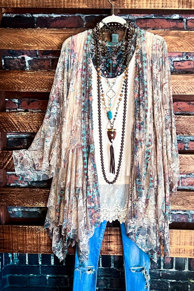 Like a Love Song Vintage-Inspired Lace Cardigan in Beige Turquoise