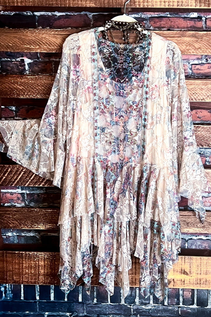 Like a Love Song Vintage-Inspired Lace Cardigan in Beige Turquoise