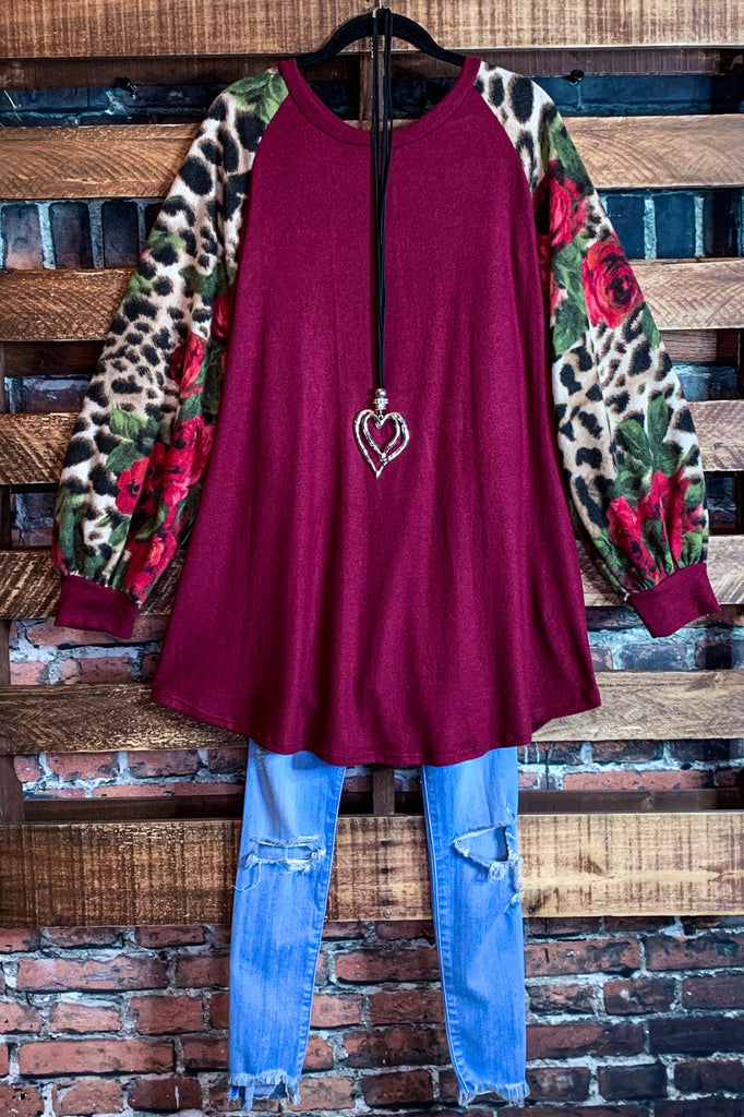 CAUGHT BY SURPRISE FLORAL FLEECE TUNIC IN BURGUNDY -----------SALE