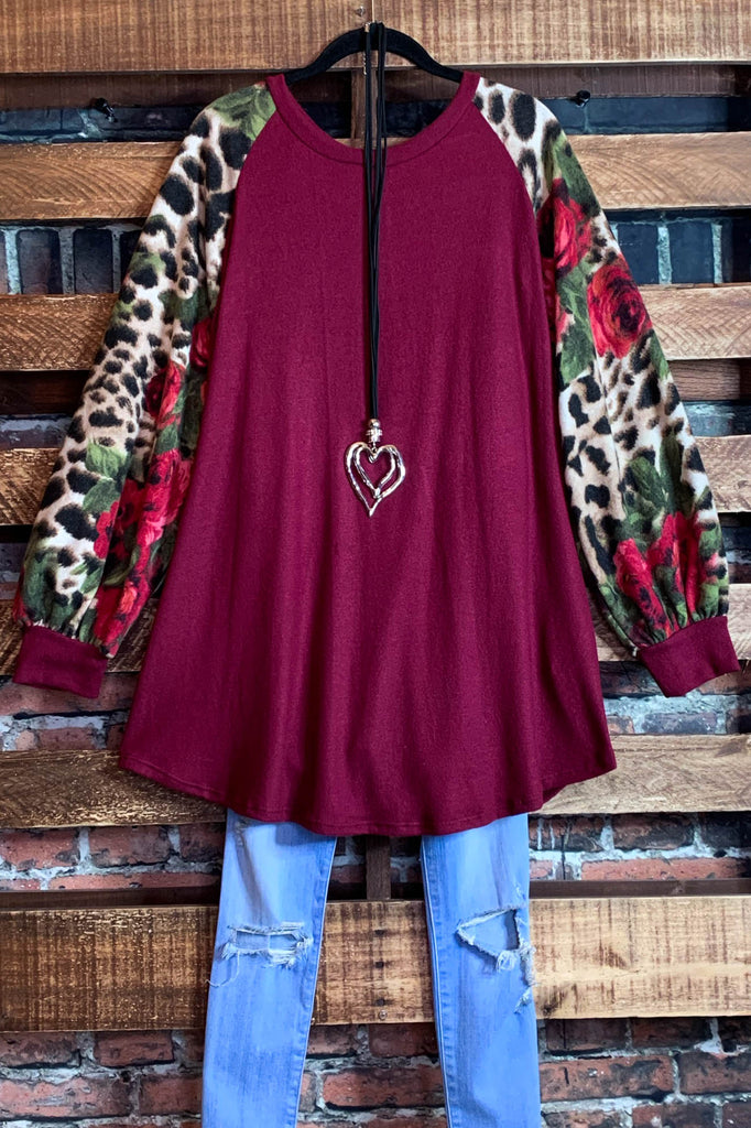 CAUGHT BY SURPRISE FLORAL FLEECE TUNIC IN BURGUNDY -----------SALE