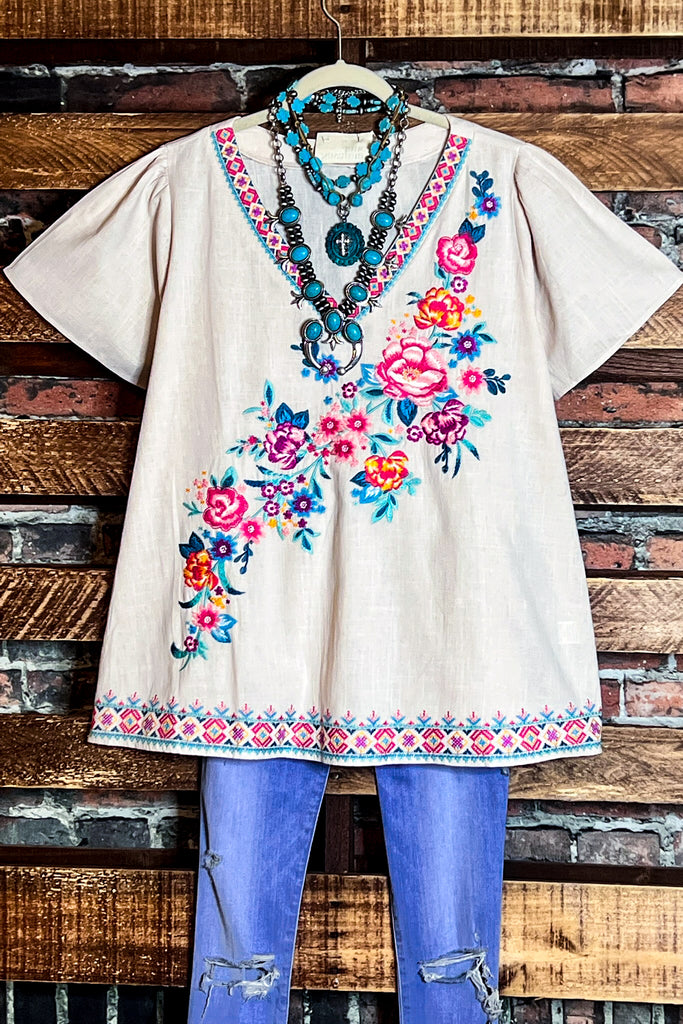 6-24 SIZE - Natural 100% Cotton Floral Embroidered Top--------SALE