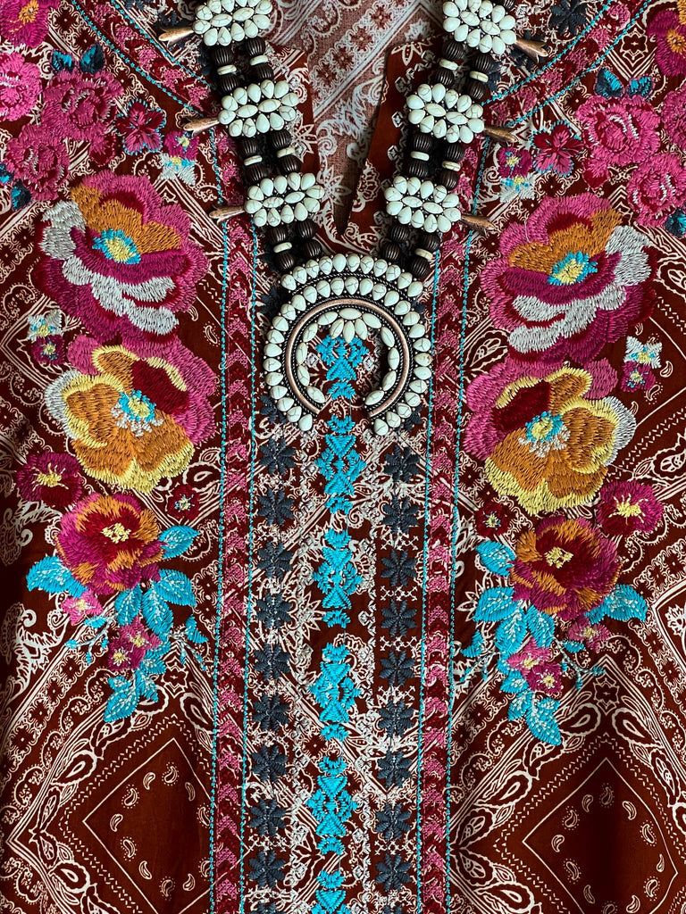 14-18 SIZE - RUSTIC BOHO EMBROIDERED TOP IN RUST--------SALE