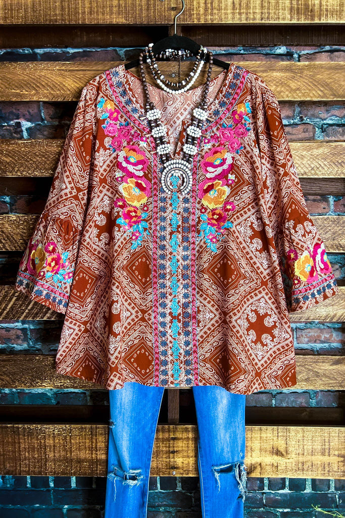 14-18 SIZE - RUSTIC BOHO EMBROIDERED TOP IN RUST--------SALE