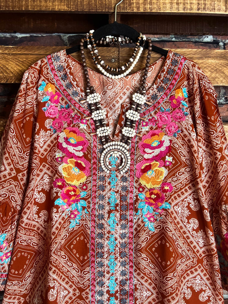 14-18 SIZE - RUSTIC BOHO EMBROIDERED TOP IN RUST--------SALE