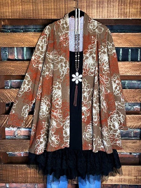 16-24 SOFT FLORAL CARDIGAN IN MOCHA & RUST------------SALE