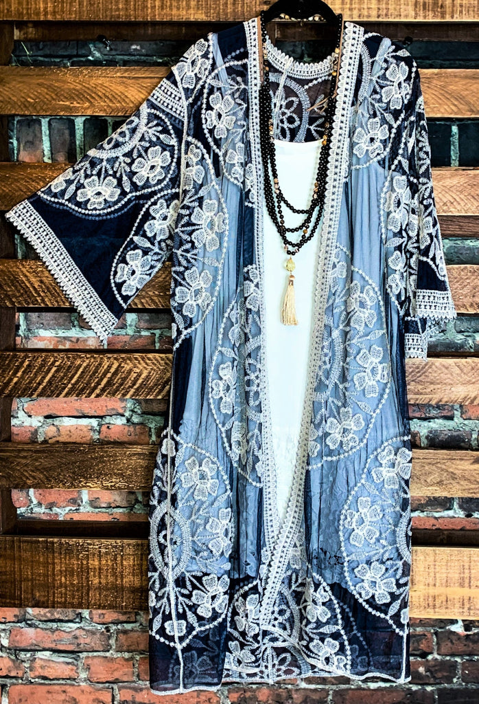 LIVING ON LOVE NAVY LACE EMBROIDERED CARDIGAN