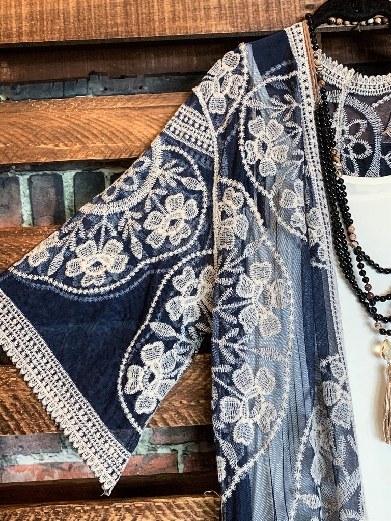 LIVING ON LOVE NAVY LACE EMBROIDERED CARDIGAN