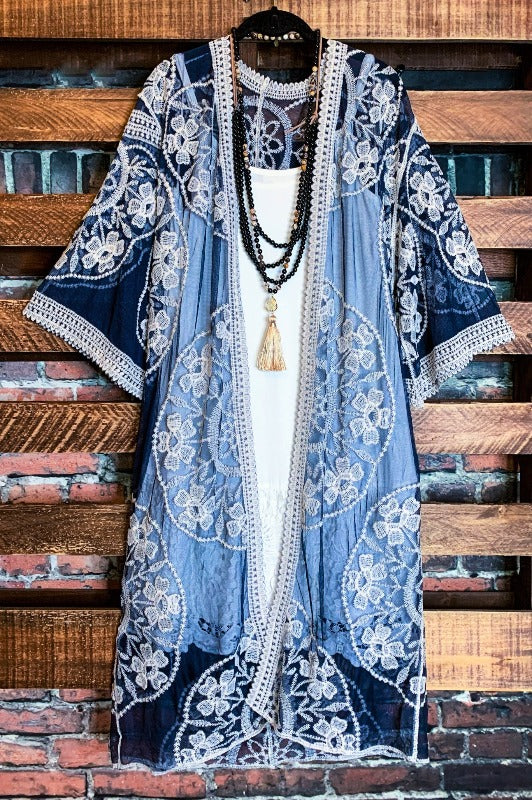 LIVING ON LOVE NAVY LACE EMBROIDERED CARDIGAN