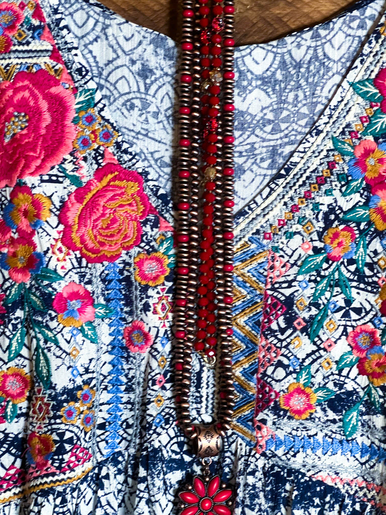 MORNING MUSE NAVY PRINT & IVORY EMBROIDERED TOP