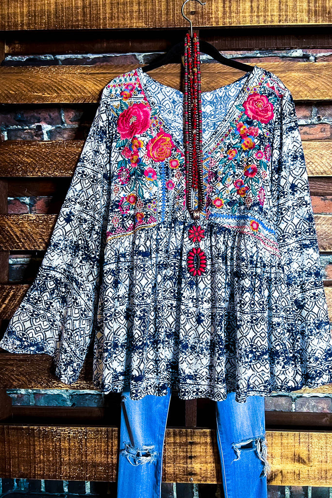 MORNING MUSE NAVY PRINT & IVORY EMBROIDERED TOP