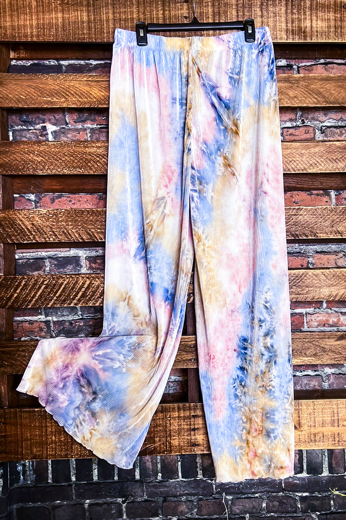 1X-3X SIZE -PLUS SIZE TIE DYE BLUE & PINK PLEATED WIDE PANTS --------- SALE