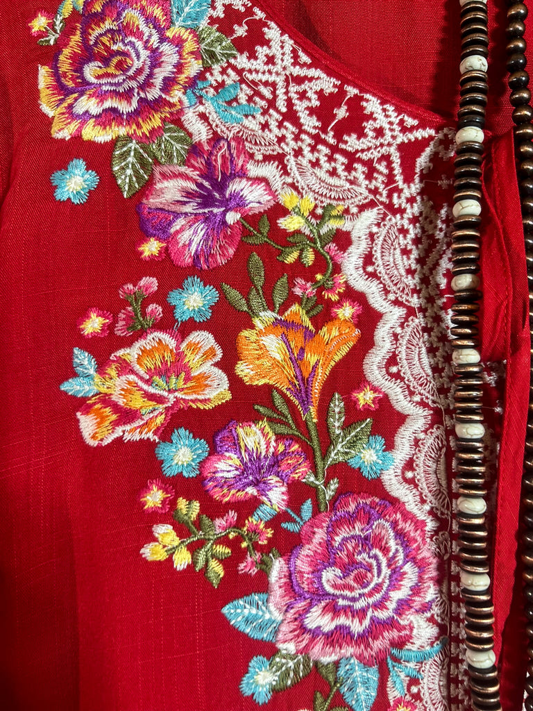 6-12 SIZE - DARLING FLORAL EMBROIDERED TOP IN CORAL------------SALE