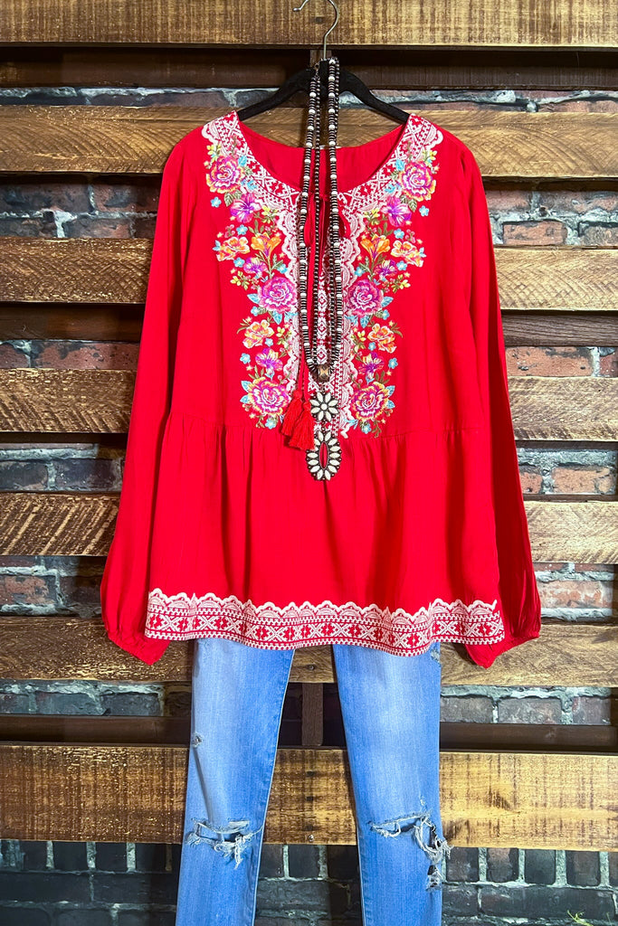 6-12 SIZE - DARLING FLORAL EMBROIDERED TOP IN CORAL------------SALE
