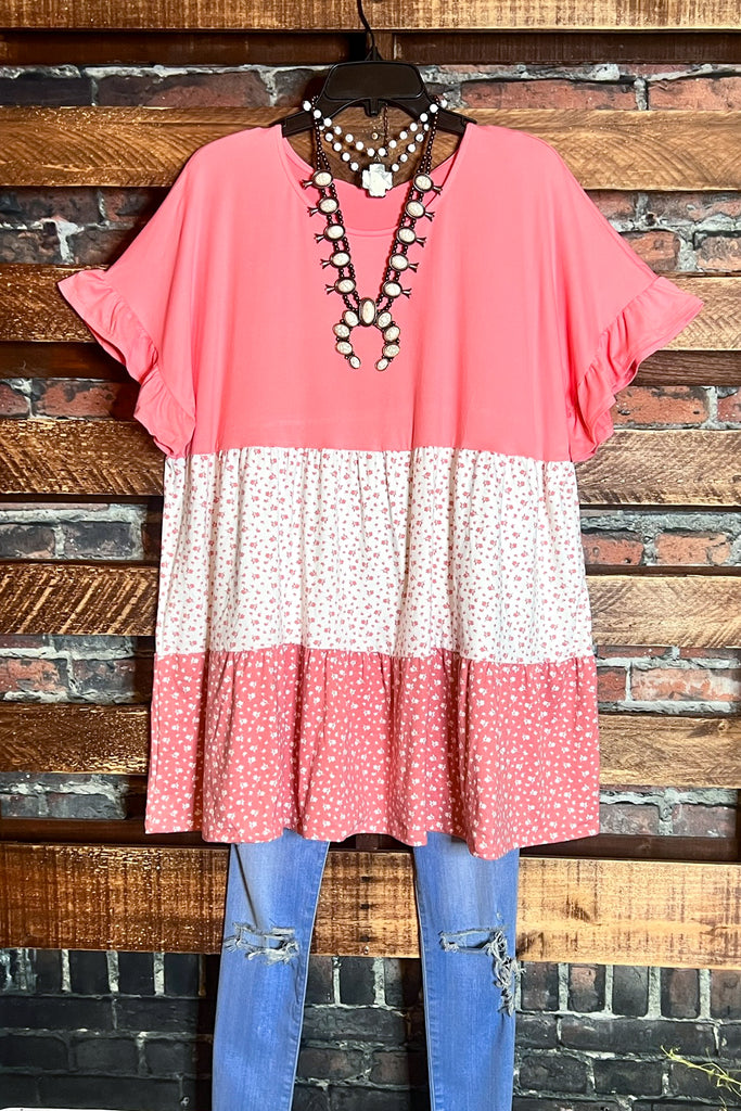 GRACEFUL SIMPLICITY FLORAL BABYDOLL TOP IN CORAL ROSE