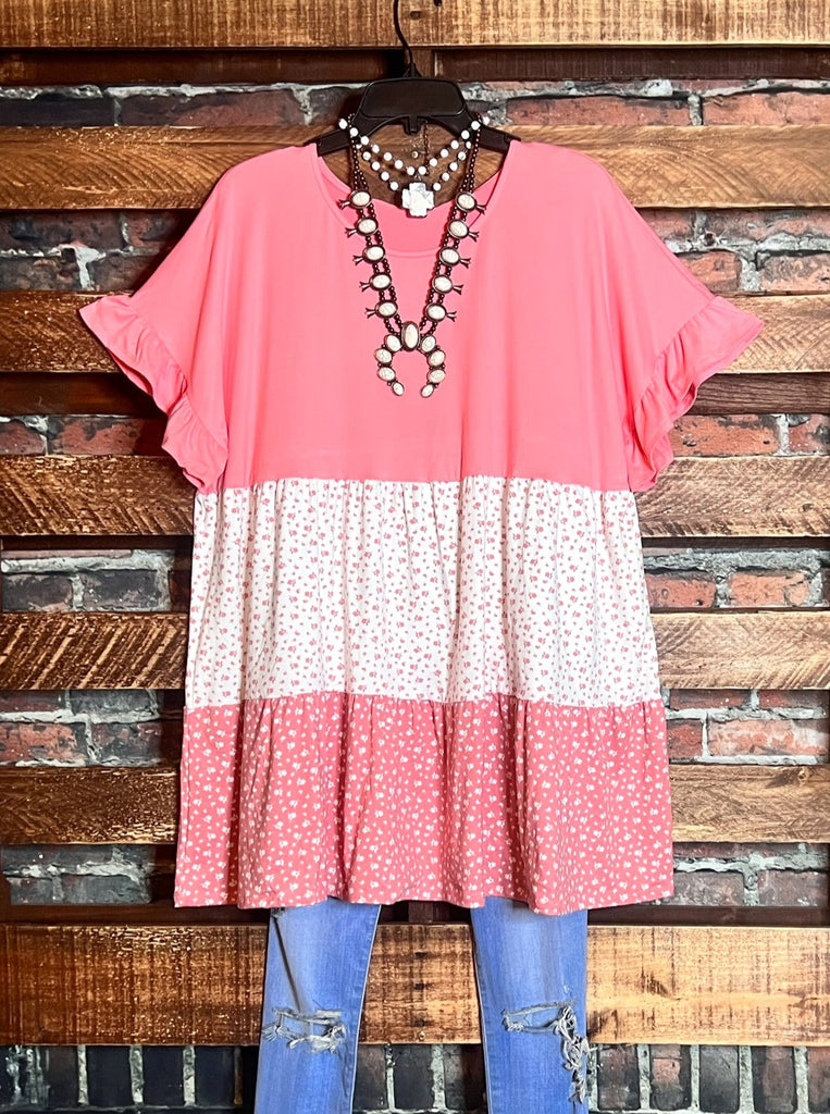 GRACEFUL SIMPLICITY FLORAL BABYDOLL TOP IN CORAL ROSE