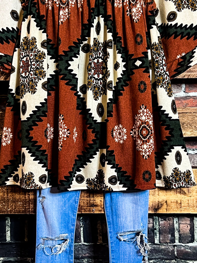 4X/5X - AZTEC PRINT OVERSIZED TUNIC DRESS IN RUST-------SALE