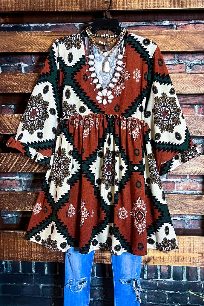 4X/5X - AZTEC PRINT OVERSIZED TUNIC DRESS IN RUST-------SALE