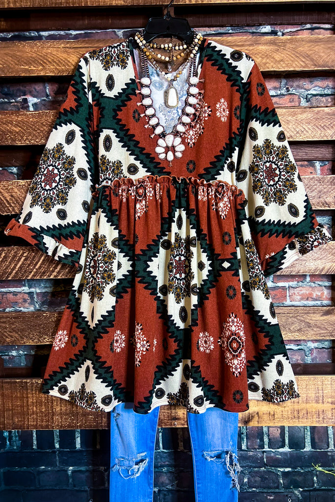 4X/5X - AZTEC PRINT OVERSIZED TUNIC DRESS IN RUST-------SALE