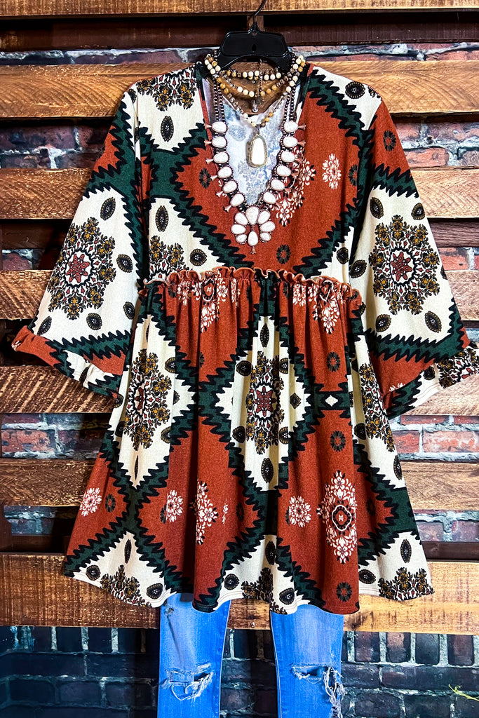 4X/5X - AZTEC PRINT OVERSIZED TUNIC DRESS IN RUST-------SALE