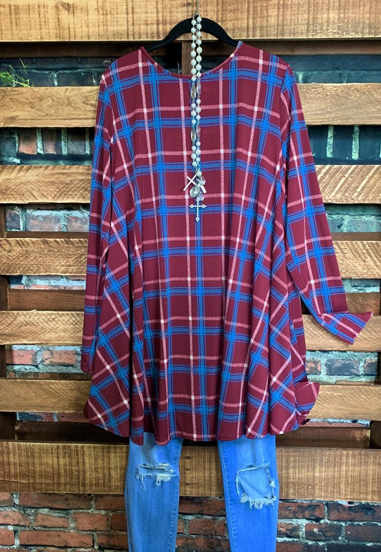 2X PLAID DRESS WITH POCKETS IN BURGUNDY-----------SALE