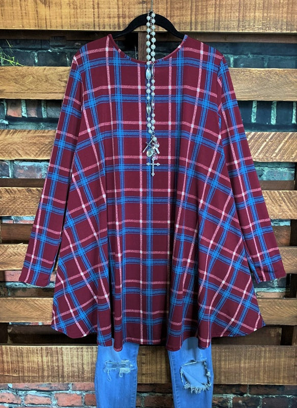 2X PLAID DRESS WITH POCKETS IN BURGUNDY-----------SALE