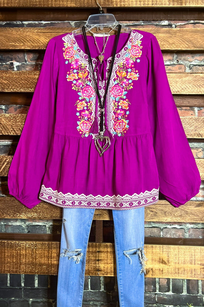 6-12 SALE - DARLING FLORAL EMBROIDERED TOP IN MAGENTA---------SALE
