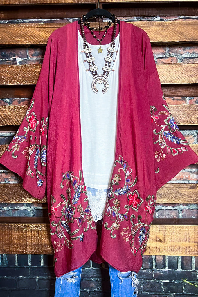 GO WITH GRACE PLUM FLORAL EMBROIDERED KIMONO