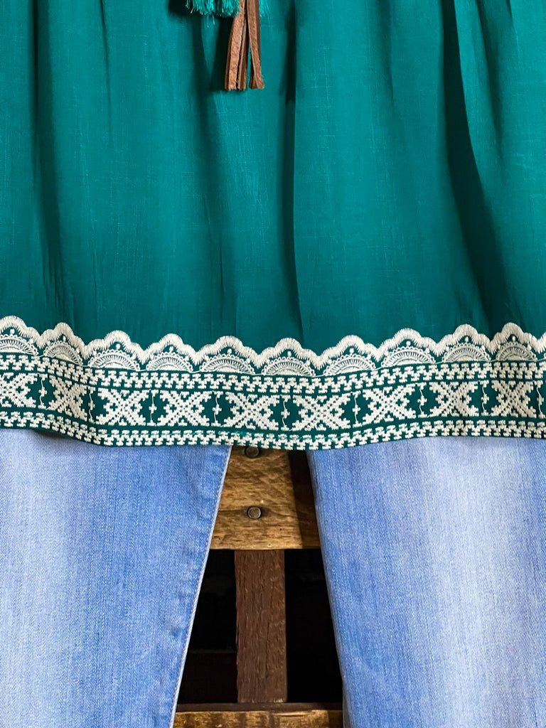 6-12 SIZE - DARLING FLORAL EMBROIDERED TOP IN TEAL--------SALE