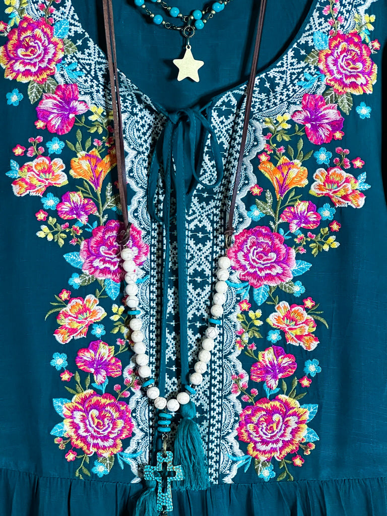 6-12 SIZE - DARLING FLORAL EMBROIDERED TOP IN TEAL--------SALE