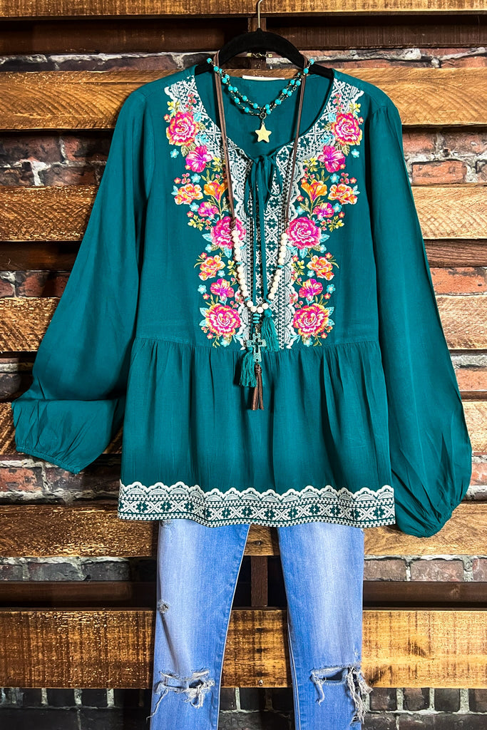 6-12 SIZE - DARLING FLORAL EMBROIDERED TOP IN TEAL--------SALE
