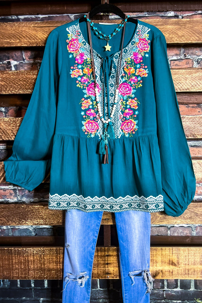 6-12 SIZE - DARLING FLORAL EMBROIDERED TOP IN TEAL--------SALE