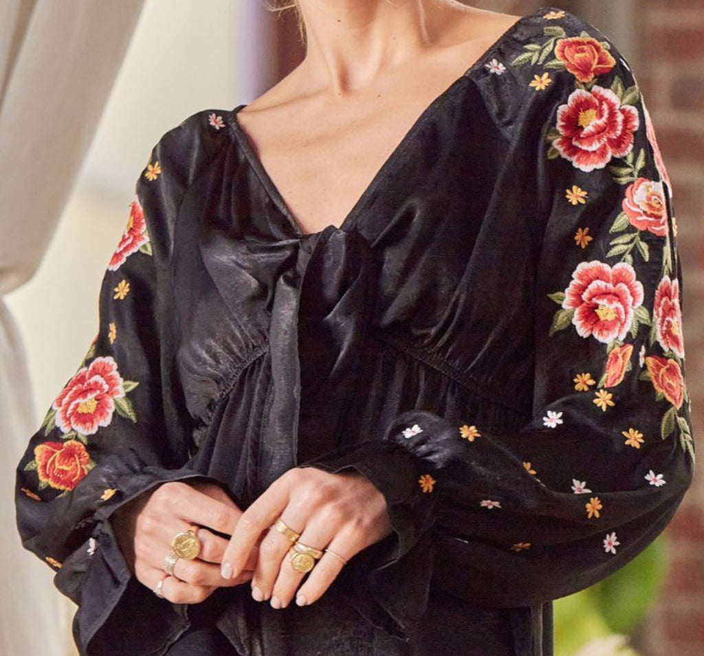 SWEET CHARM ROSES EMBROIDERED SATIN TOP IN BLACK-----------SALE
