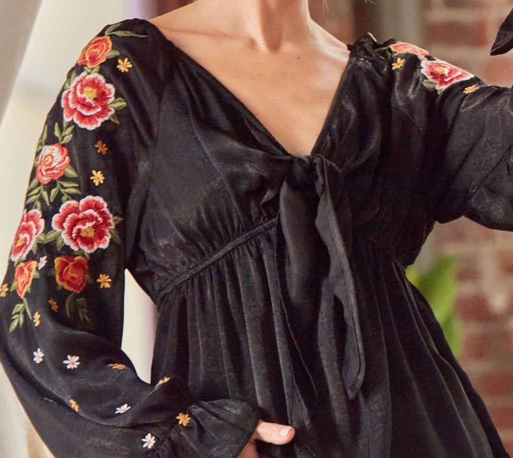SWEET CHARM ROSES EMBROIDERED SATIN TOP IN BLACK-----------SALE