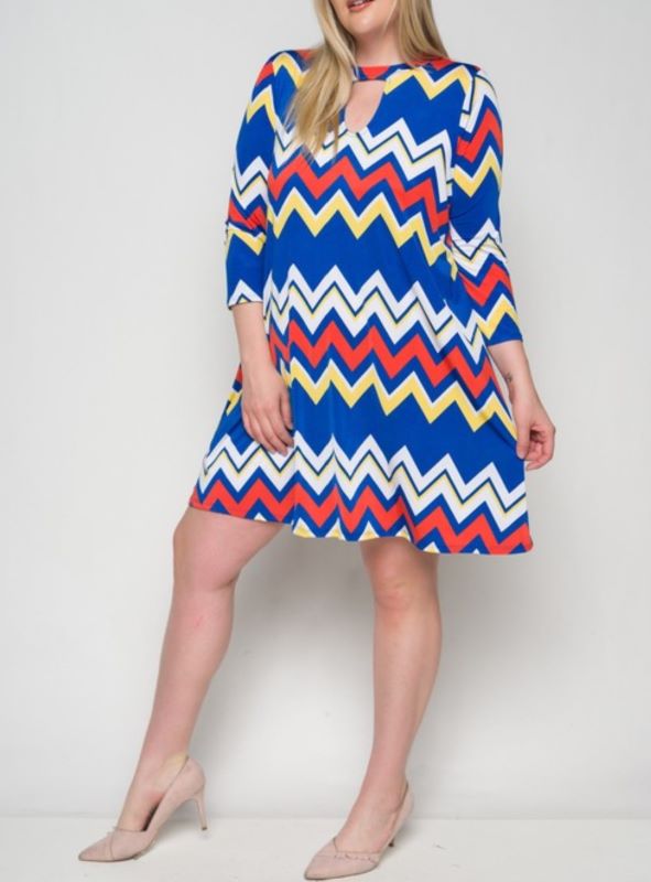 1X-2X-3X BLUE & CORAL RED CHEVRON PRINT DRESS------------SALE