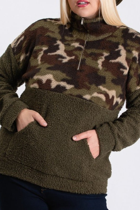 COZY SHERPA POCKETED CAMO SWEATER IN OLIVE------------------sale